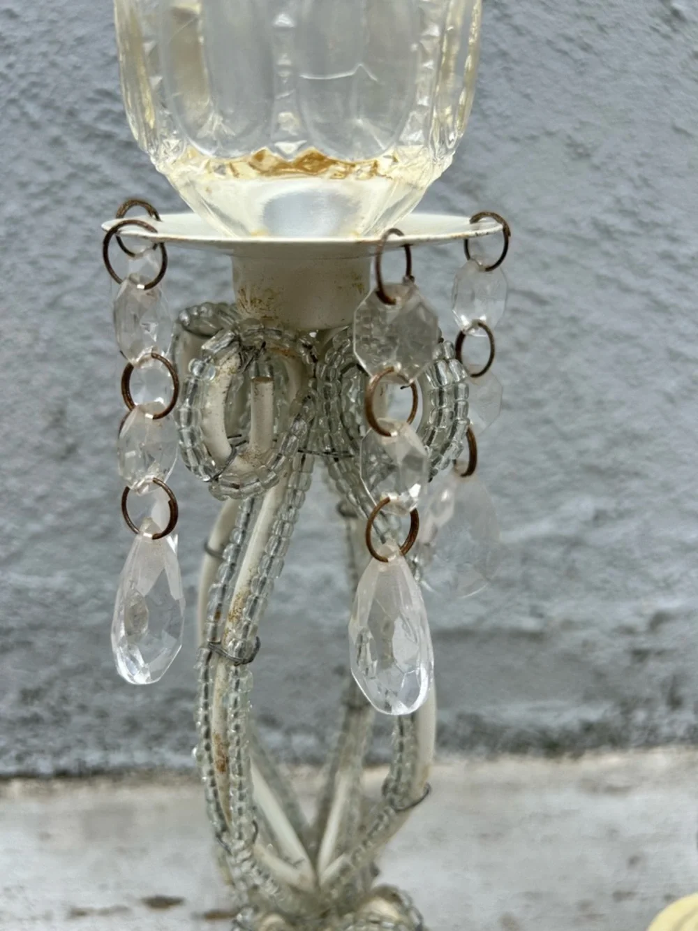 Vintage Pair Crystal Prism Candle Holders Pressed Glass Votive Cups Shabby Chic